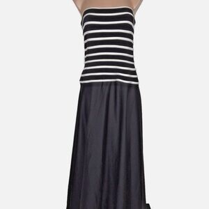 NWT Tadashi Black Silk Long White Stripe Satin Strapless Evening Dress Sz 14